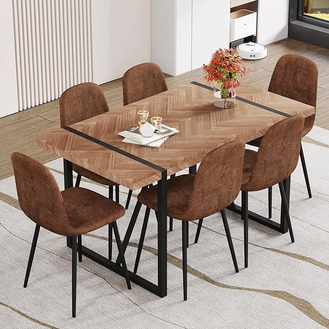 Dinner Table Set for 6, Modern 55'' Wood Dining Table with Fabric Dining Chairs Set of 6,Dining Room Sets for 6,Ideal for Dining Kitchen Room