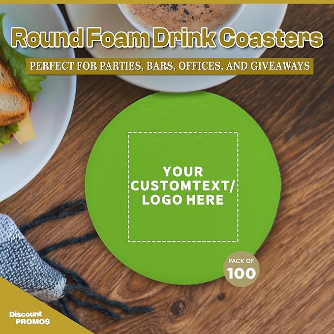 100 Round Foam Bud Coasters Pack, 4 inch - Customizable Text, Logo - PU Foam, Party Favor - Lime Green