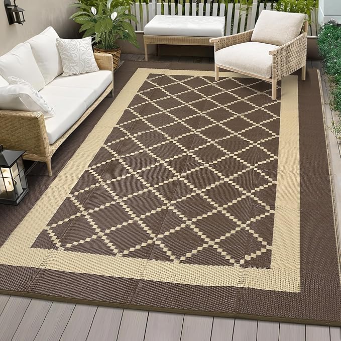Outdoor Rug for Patio 9x12 Waterproof Camping Mat Reversible Plastic Straw Floor Carpet Modern Diamond Indoor Outdoor Large Area Rug for RV Deck Balcony Backyard Brown/Coffee