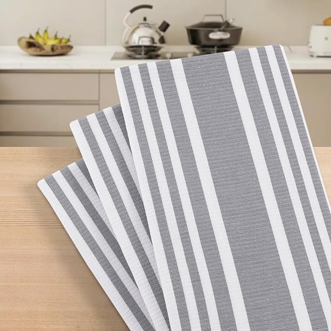 Homaxy Premium Kitchen Towels 18”x 28”, Large Cotton 380 GSM Kitchen Hand Towels, Stripe and Terry Dish Towel, Highly Absorbent Tea Towel Set with Hanging Loop, 12 Pack, Grey