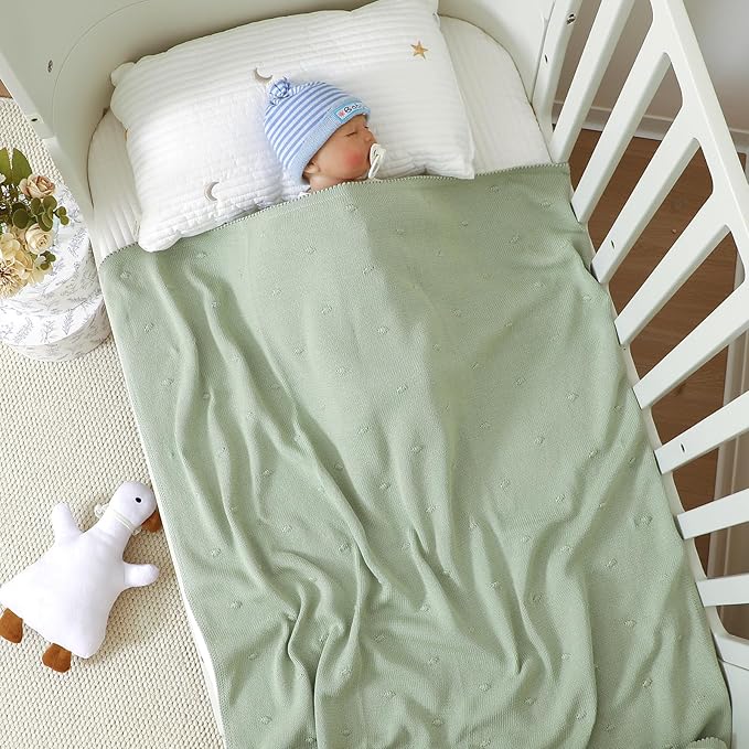 Neiwech Cotton Baby Blanket Knit Soft Cozy Lightweight Crib Stroller Nursery Receiving Swaddling Blankets for Newborn Infants Boys Girls Green 30x40 Inch