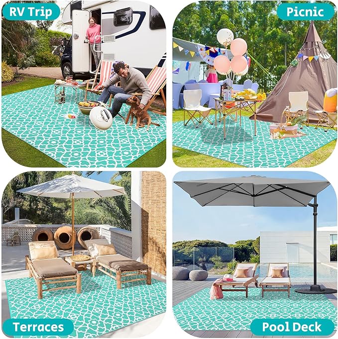 HEBE Outdoor Rug Waterproof 9x12, Reversible Plastic Straw Rug RV Camping Rug, Indoor Outdoor Patio Mat Clearance, Outside Carpet for Porch,Deck,Camper,Balcony,Backyard,Picnic