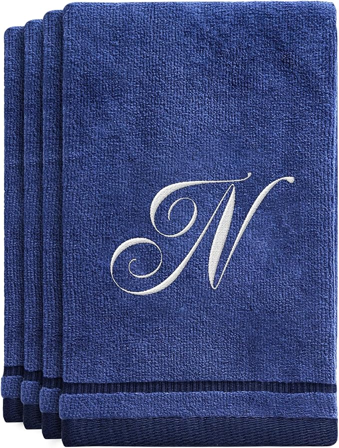 Creative Scents Navy Blue Monogrammed Towels with Initials - 4 Pack Super Absorbent Bathroom Fingertip Cotton Towel with Soft Velour Finish - Personalized Gifts for Freinds & Family 11"x18" Initial N