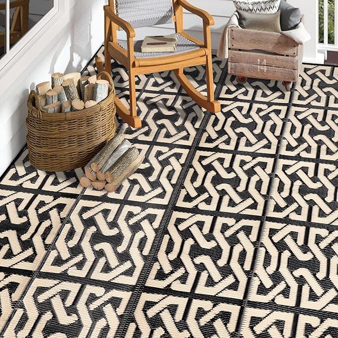 SAND MINE Reversible Mats, Plastic Straw Rug, Modern Area Rug, Large Floor Mat and Rug for Outdoors, RV, Patio, Backyard, Deck, Picnic, Beach, Camping, Trailer, Black & Beige, 9' x 12'