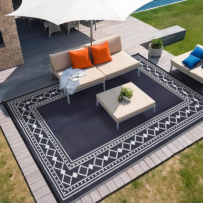 9x18 Large Outdoor Rug,Modern Bordered Plastic Straw Carpet,Waterproof Lightweight Outdoor Carpet,Easy Cleaning Folding Uv Resistant Picnic Camping Mat,Black and Blue/White
