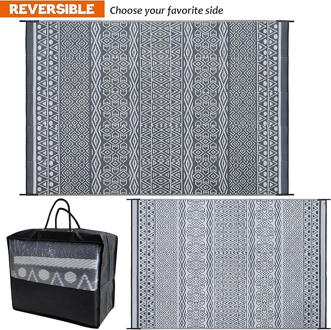 SAND MINE Reversible Mat, Indoor Outdoor Rug Carpet, Reversible Patio Rug, RV Camping Rug, Plastic Straw Rug, Large Floor Mat for RV, Patio, Backyard, Deck, Picnic, Camping, Grey & White, 6' x 9'