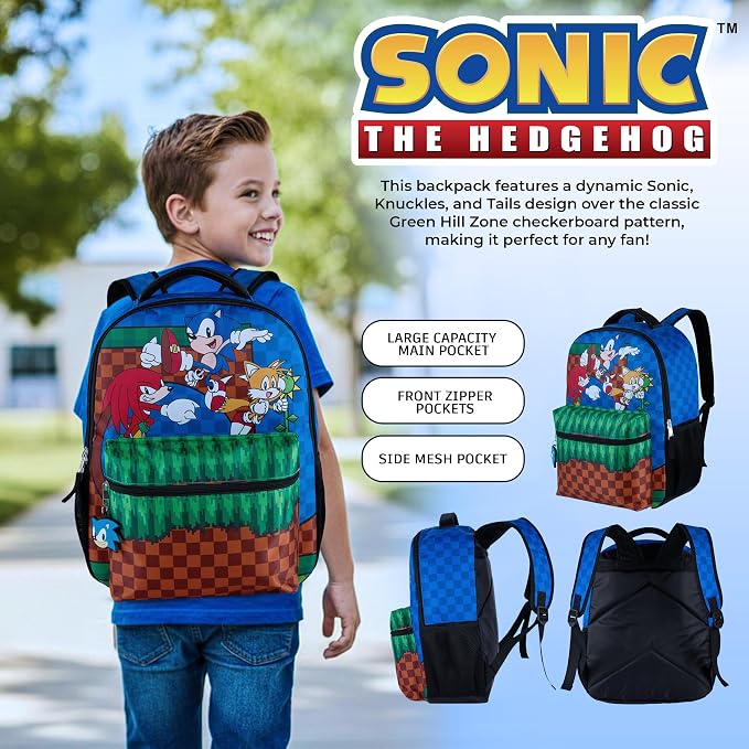 AI ACCESSORY INNOVATIONS Sonic The Hedgehog Backpack, Boys & Girls Featuring Sonic, Tails, and Knuckles,16” Bookbag w/Molded Sonic Dangle, Blue