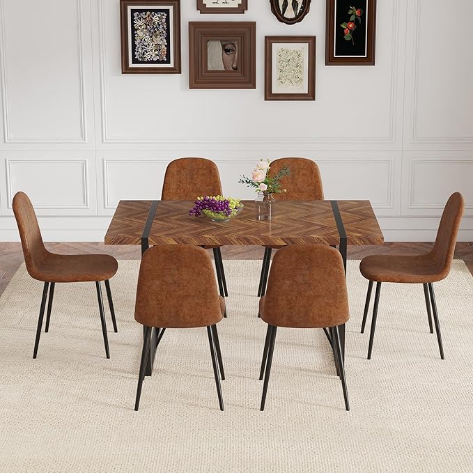 Dinner Table Set for 6, Modern 55'' Wood Dining Table with Fabric Dining Chairs Set of 6,Dining Room Sets for 6,Ideal for Kitchen Dining Room