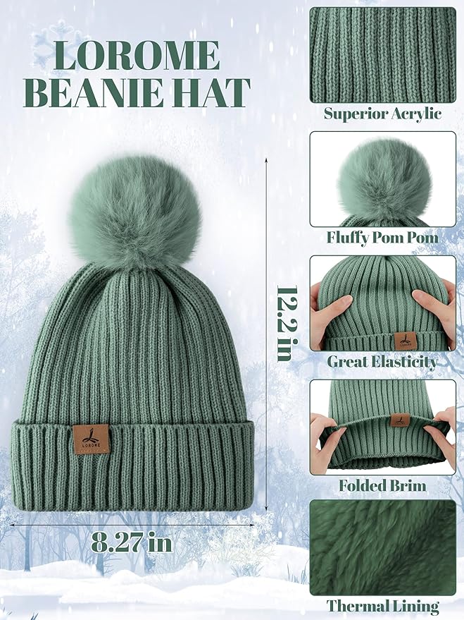 LOROME Women Winter Beanie Hat Scarf Gloves Set, Fleece Knitted Pompom Hat Warm Neck Scarf Touchscreen Gloves Winter Gift