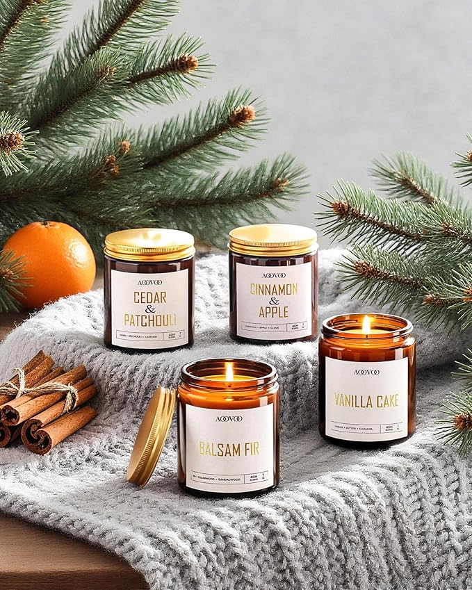 AOOVOO Candle Set - 4PC Scented Candles, 28 oz Soy Candles, Soy Candle for Home Scented, Balsam Fir/Cedar&Patchouli/Cinnamon&Apple/Vanilla Cake