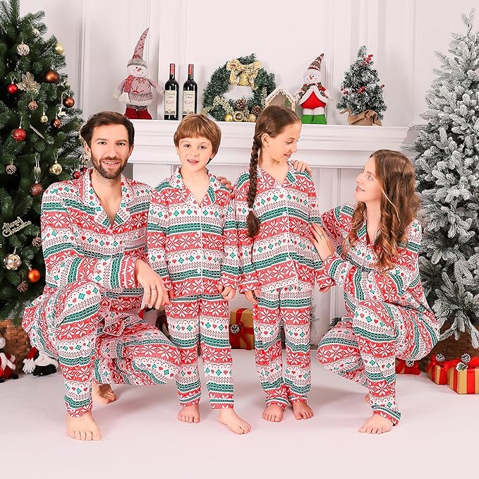 ANGELGGH Family Christmas PJs Matching Sets 2 Pcs Festival Party Pajamas Holiday Warm Sleepwear Couples Button Loungewear
