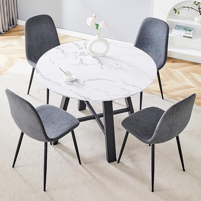 Round Dining Table Set for 4, Modern Kitchen Dining Table Chairs Set for 4, 42 Inch Small Round White Dining Table Set & 4 Upholstered Fabric Chairs for Kitchen Living Office Cafe Small Space