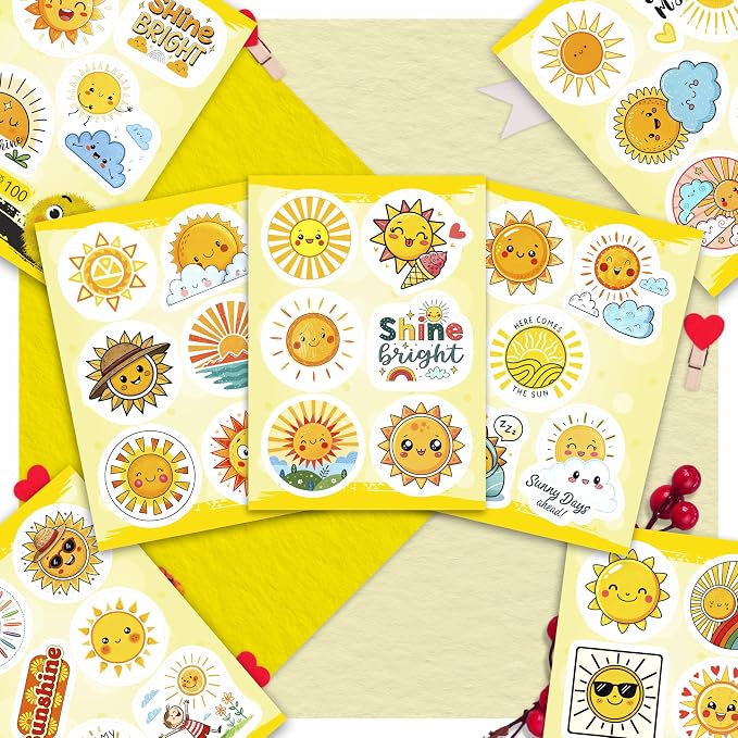 100Pcs Small Sun Stickers and Decals -Sunshine Stickers for Water Bottle - Sun Party Supplies & Decorations - Sunshine Gifts - Gift for Women & Men