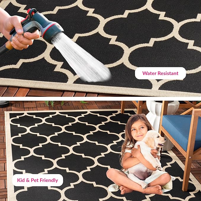 SAFAVIEH Washable Rug Outdoor Courtyard Collection - 5'3" x 7'7", Black & Beige, Non-Shedding & Easy Cleaning, Ideal for Patio, Backyard, Mudroom (CY6914-266)