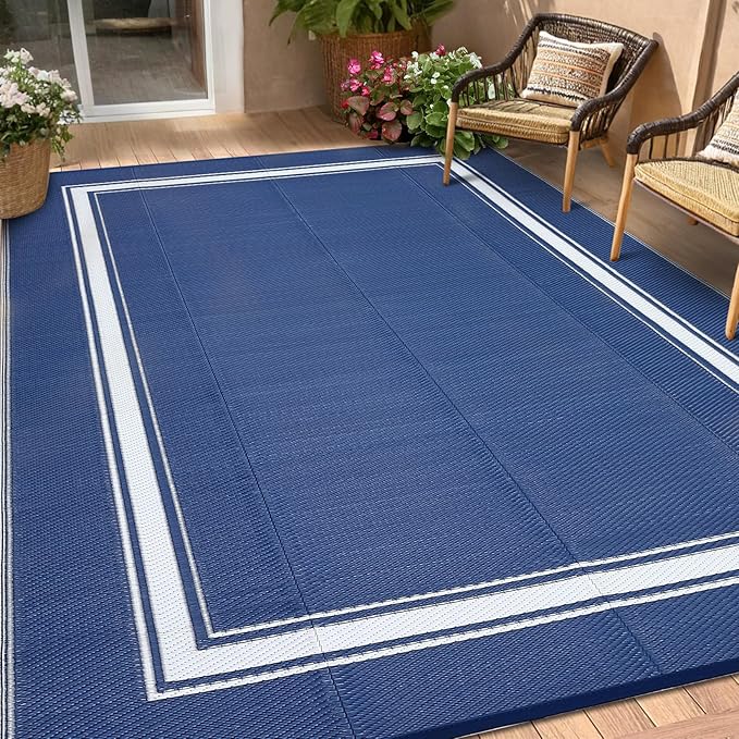 Outdoor Rug 9x18 Waterproof Reversible Mat All Weather Outdoor Plastic Straw Rus Carpet UV Resistant Modern Bordered RV Mat Carpet for Patio Deck Balcony Pool Picnic Blue/White