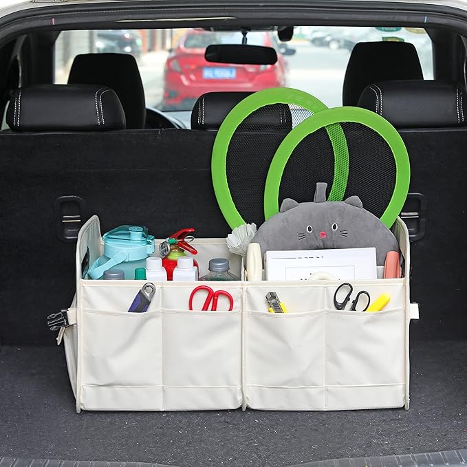 Car Trunk Organizer Car Storage Organizer Collapsible Multi Compartment Car Organizer Adjustable Straps for SUV(Beige)