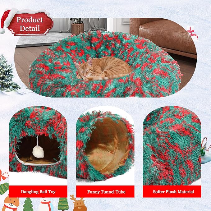 Warm Fluffy Plush Cat Tunnel Bed Under Christmas Tree Big Tube Playground Toys 3 FT Diameter Longer Crinkle Collapsible 3 Way, for Indoor Cat Kitty Kitten Puppy Rabbit Ferret Green-Red