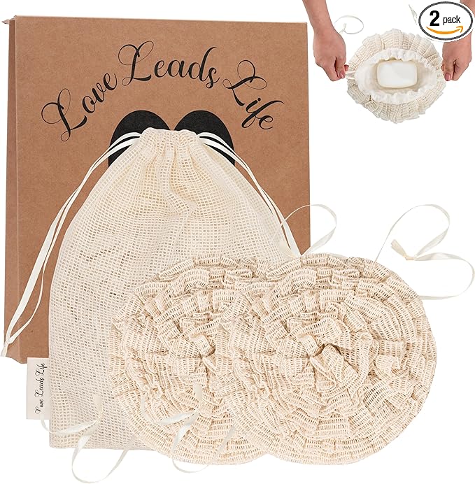 Bamboo Washcloth & Ramie Loofah – Dual‑Sided Body Scrubber for Bath & Shower – Patent Pending - Gentle Exfoliation, Sensitive Skin Spa Tool – Large Loofah with Bar Soap Pouch, Cotton Wash Bag, 2 Pack