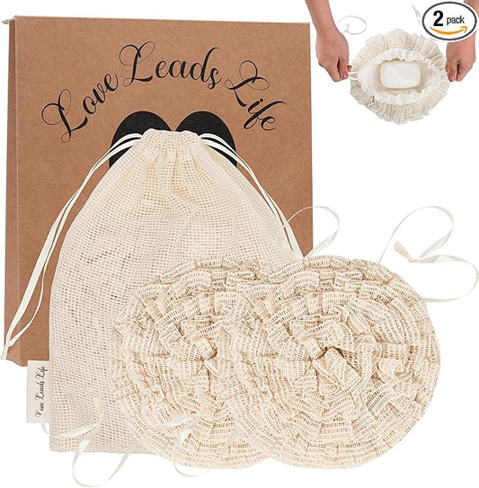 Bamboo Washcloth & Ramie Loofah – Dual‑Sided Body Scrubber for Bath & Shower – Patent Pending - Gentle Exfoliation, Sensitive Skin Spa Tool – Large Loofah with Bar Soap Pouch, Cotton Wash Bag, 2 Pack