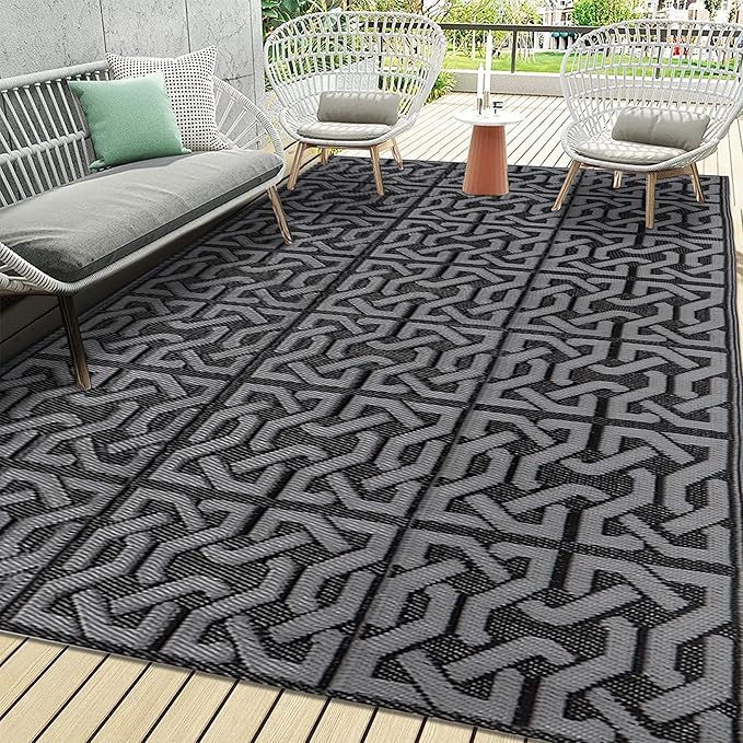 SAND MINE Reversible Mats, Plastic Straw Rug, Modern Area Rug, Large Floor Mat Rug for Outdoors, RV, Patio, Backyard, Deck, Picnic, Beach, Trailer, Camping (9' x 18', Black & Grey)