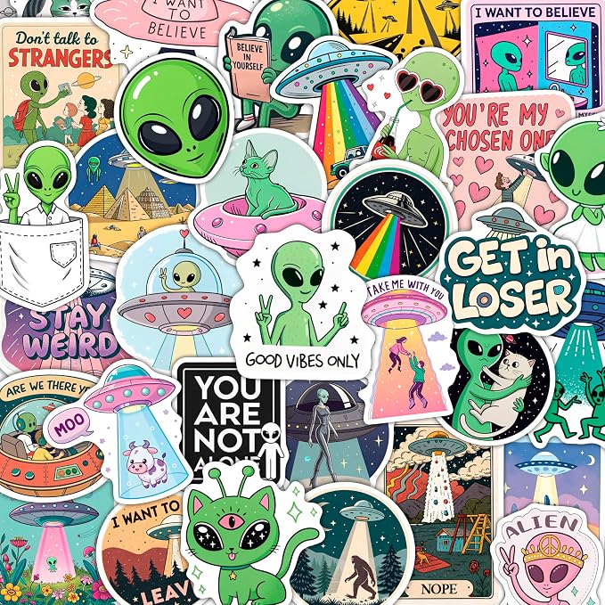 100Pcs UFO Stickers for Water Bottle, Laptop – Alien Stickers and Decals – UFO Gifts - Alien Party Supplies & Decorations - Gifts for Men & Women
