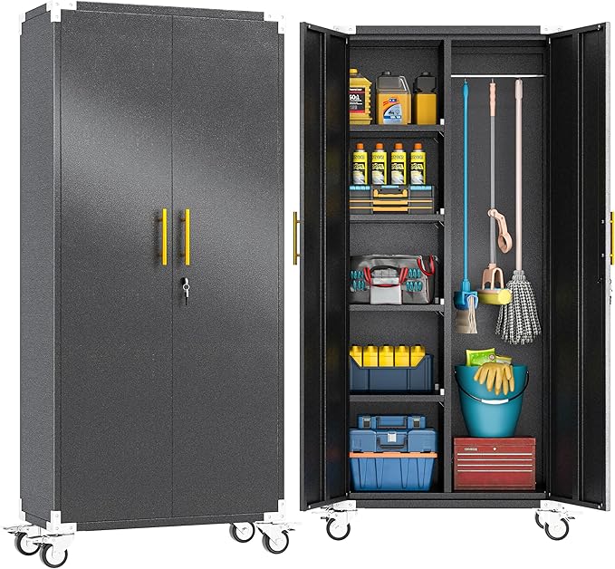 71" Broom Storage Cabinet, Cleaning Tool Storage Cabinet, Garage Utility Storage with Hooks and Hanging Rods, Heavy Duty Garden Tool Organizer, for Home, Garage, Laundry Room, Gym, Workshop.