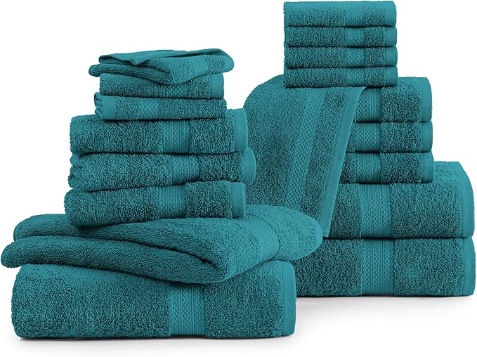 LANE LINEN 100% Ring Spun Cotton Bath Towel Set, 18PCs - 8 Washcloths, 4 Shower Towels, 6 Hand Towels for Bathroom - Hotel Quality Softness & Oeko-Tex Certified, Ultra Absorbent - Sea Port