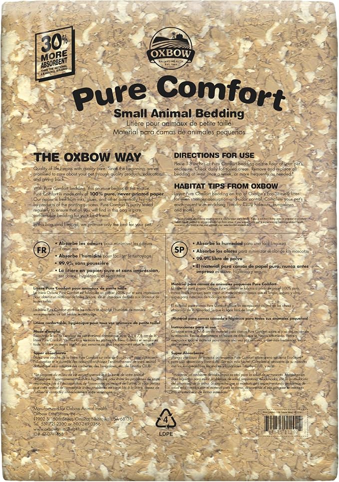 Oxbow Small Animal Bedding, Hamster, Guinea Pig, Rabbit, Blend, USA, 178 L | Pure Comfort, Hamster Bedding, Guinea Pig Bedding, Low Dust, Virgin Paper, Litter Box, Bunny, Rats, Gerbils, Chinchillas