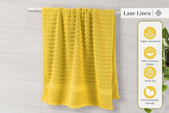 LANE LINEN Bath Towel Set - Soft and Absorbent, Ribbed, 100% Cotton Towels for Bathroom, Hotel, Body & Spa - 2 Bath Towels Large Size, 2 Bathroom Hand Towel and 2 Wash Cloths (6 Piece Set) - Mimosa