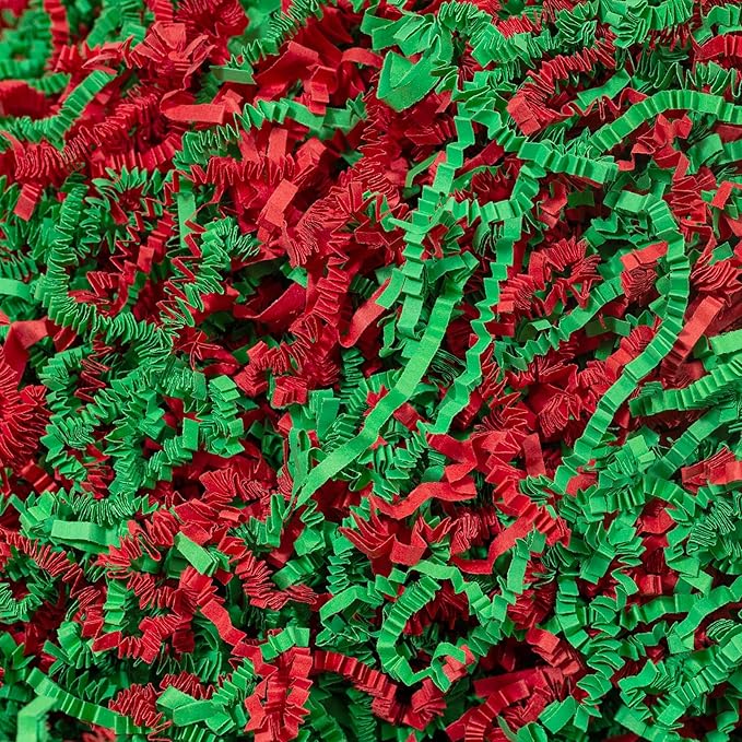 Mefleet 1/2 LB Crinkle Cut Paper Shred Filler 8 oz Green & Red Crinkle Shredded Paper for Gift Box - Gift Basket Bag Filler - Grass Cushion Stuffing for Christmas Holiday Packaging Wrapping
