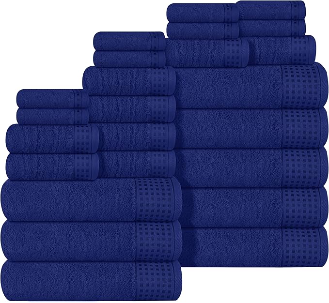 GLAMBURG Towels for Bathroom, 100% Cotton Towel Set, Contains 8 Soft Bath Towel, 8 Hand Towels, 8 Wash Cloths - Compact Absorbent Lightweight & Quickdry - 24 Piece Bathroom Towel Set - Navy Blue