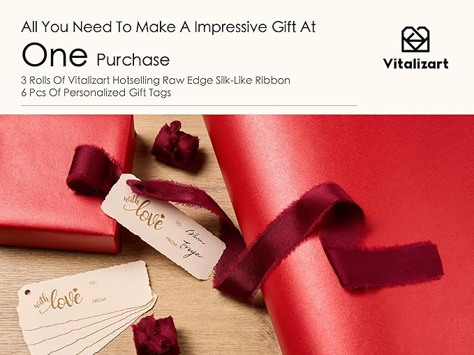 Vitalizart Red Wrapping Paper Set 17" Pearly-Lustre With Silk Like Satin Ribbon & Gift Tags Recyclable Christmas Gift Wrapping Birthday Baby Shower Wedding Handmade Crafts 197"(16.4 Ft)