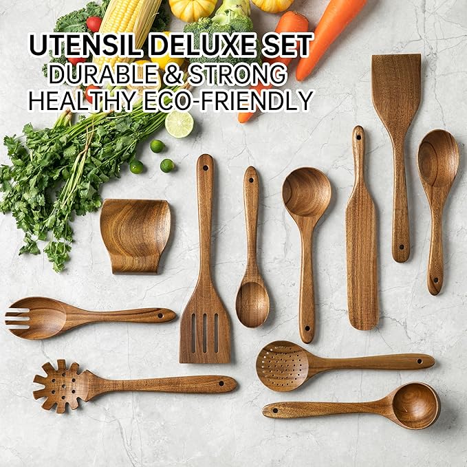 18 PCS Acacia Wooden Spoons for Cooking - Heat-Resistant, Comfort Grip,Easy to Clean, Non-stick Friendly - Kitchen Utensil Set with Holder, Spoon Rest & 6 Hooks, Ideal for Gifting