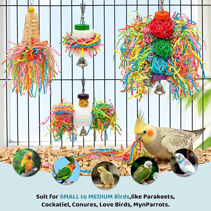 4PCS Bird Parrot Foraging Toys Parakeet Chewing Hanging Toy Shredded Paper Cage Accessories for Small Parrots Parakeets Conures Cockatiels Love Birds Cage Toy (4Pack)