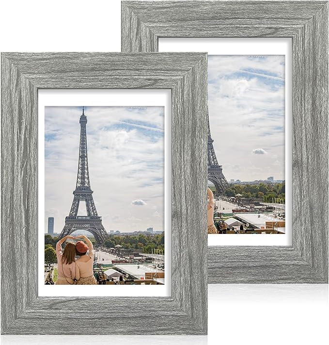 4x6 Picture Frame Set of 2, Made of Real Glass and Rustic Grey Wooden Frame - Display Pictures 3.5x5 with Mat or 4x6 Without Mat, 4 by 6 Photo Frame for Wall or Tabletop Display