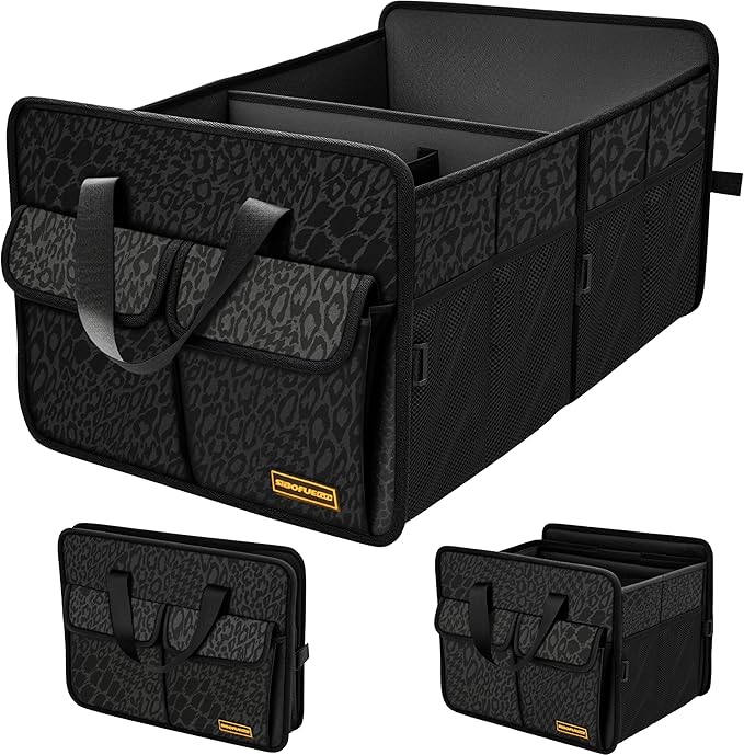 Sturdy Car Trunk Organizer – Large Capacity Trunk Organizer for SUVs & Sedans, Hard-Shell One-Piece Design with Cute Print, Collapsible and Durable Car Organizers (Black Leopard 70L)