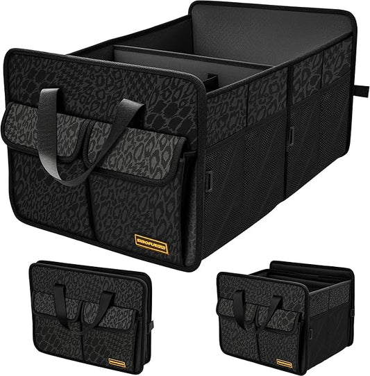 Sturdy Car Trunk Organizer – Large Capacity Trunk Organizer for SUVs & Sedans, Hard-Shell One-Piece Design with Cute Print, Collapsible and Durable Car Organizers (Black Leopard 70L)