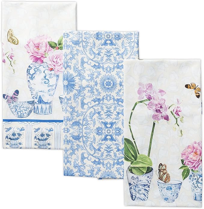 Maison d' Hermine Kitchen Towels Set of 3 100% Cotton 27.50" x 20" Reusable Cloth Tea Dish Towels Absorbent with Hanging Loop for Kitchen, Home, Dining, Cocktail Parties Spring/Summer (Canton)