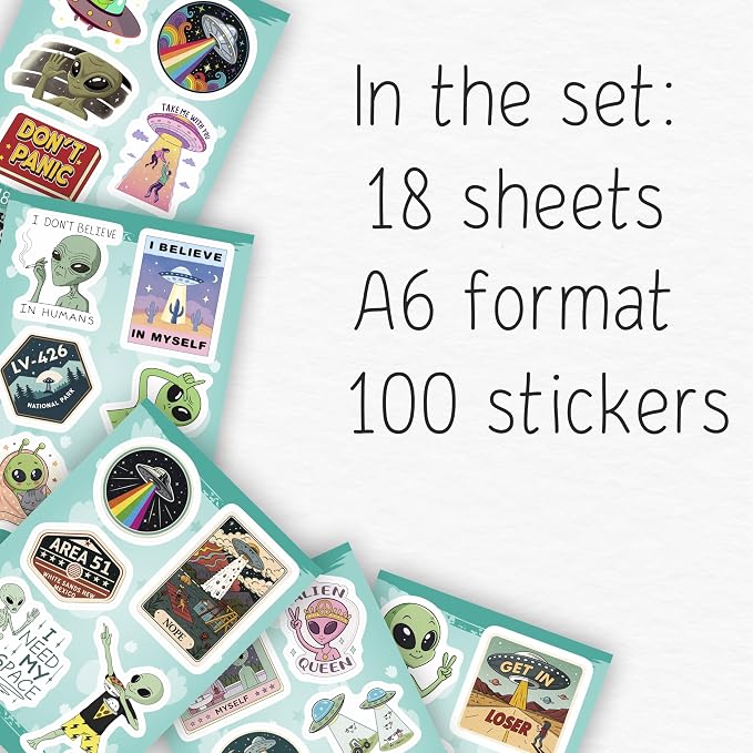 100Pcs UFO Stickers for Water Bottle, Laptop – Alien Stickers and Decals – UFO Gifts - Alien Party Supplies & Decorations - Gifts for Men & Women