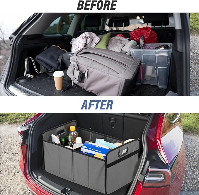 Simple Deluxe Car Trunk Organizer, Collapsible 2 Compartments Trunk Storage, Anti-slip Design, Made of Waterproof 600D Oxford Polyester, Suitable for SUV, Minivan, Truck, Standard Size, Grey