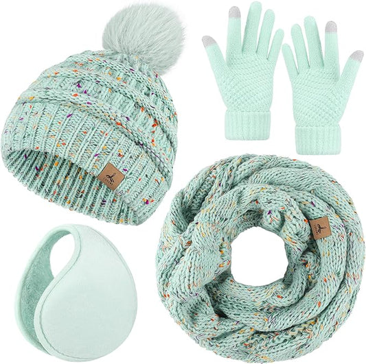 Winter Hat Scarf Gloves and Ear Warmer, Warm Knit Beanie Hat Touch Screen Gloves Set Winter Gifts Neck Scarves for Women