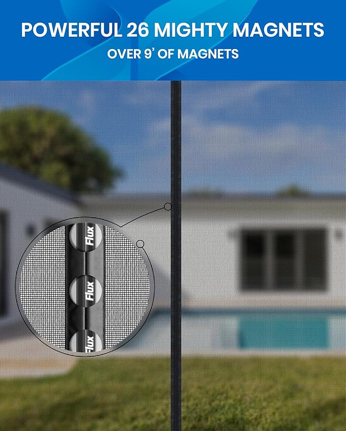 Flux Phenom Magnetic Screen Door - Bugs Out, Breeze in - 9min Install Auto-Sealing Heavy Duty Double Stitched Mesh, 52 Magnets, Hands Free Sliding & Patio Doors Net, Pet & Kid Friendly, 38 x 82 Inch