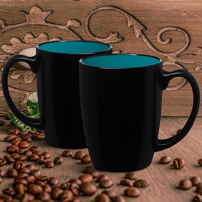 DISCOUNT PROMOS 10 Java Two Tone Coffee Mugs Set, 12 oz. - Stoneware, Durable, Easy Grip - BLACKTEAL