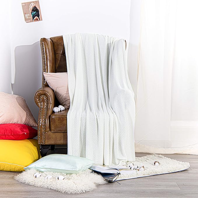 NTBAY Cable Knit Cooling Bed Blanket, Soft and Breathable Oversized Twin Bed Blanket 60x80 Inches Made from Rayon Derived from Bamboo for Bedroom, Travel, White