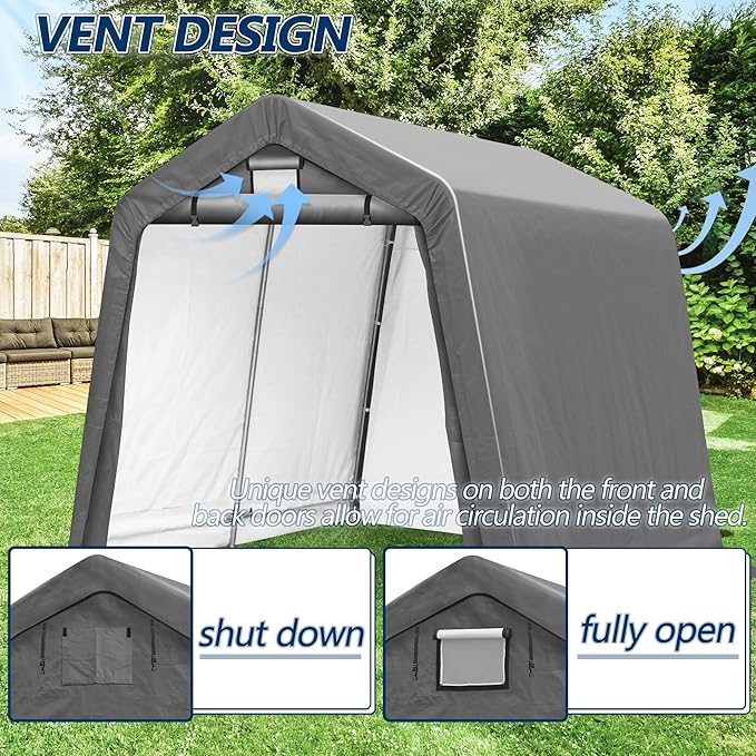 COVERONICS 8' x 8' Outdoor Storage Shed - Heavy Duty Portable Shelter Carport with Ventilation Windows and Roll-up Doors, Storage Shelter Tent for Motorcycle, Bike, Lawnmower and Garden Tools, Grey