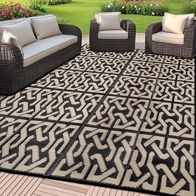 SAND MINE Reversible Mats, Plastic Straw Rug, Modern Area Rug, Large Floor Mat and Rug for Outdoors, RV, Patio, Backyard, Deck, Picnic, Beach, Camping, Trailer, Black & Beige, 9' x 12'