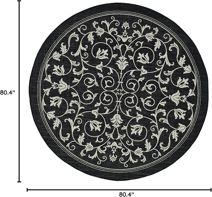 SAFAVIEH Courtyard Collection 6'7" Round Black / Sand CY2098 Scroll Indoor/ Outdoor Waterproof Easy-Cleaning Patio Backyard Mudroom Area-Rug
