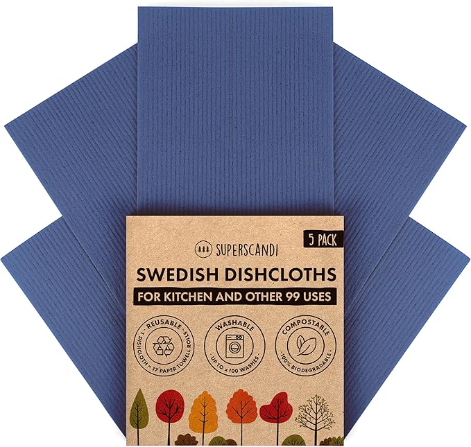 SUPERSCANDI 5 Pack Swedish Dishcloths for Kitchen - 100% Biodegradable&Compostable | Reusable Paper Towels Washable, Food-Safe&Without Plastic - Dish Rags Suitable for Any Surface | Premium, Navy Blue