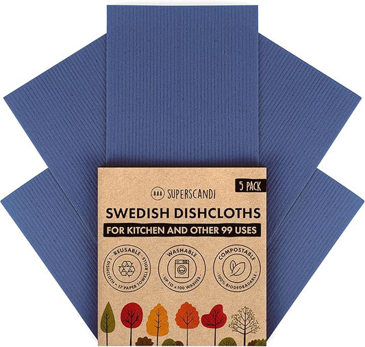 SUPERSCANDI 5 Pack Swedish Dishcloths for Kitchen - 100% Biodegradable&Compostable | Reusable Paper Towels Washable, Food-Safe&Without Plastic - Dish Rags Suitable for Any Surface | Premium, Navy Blue