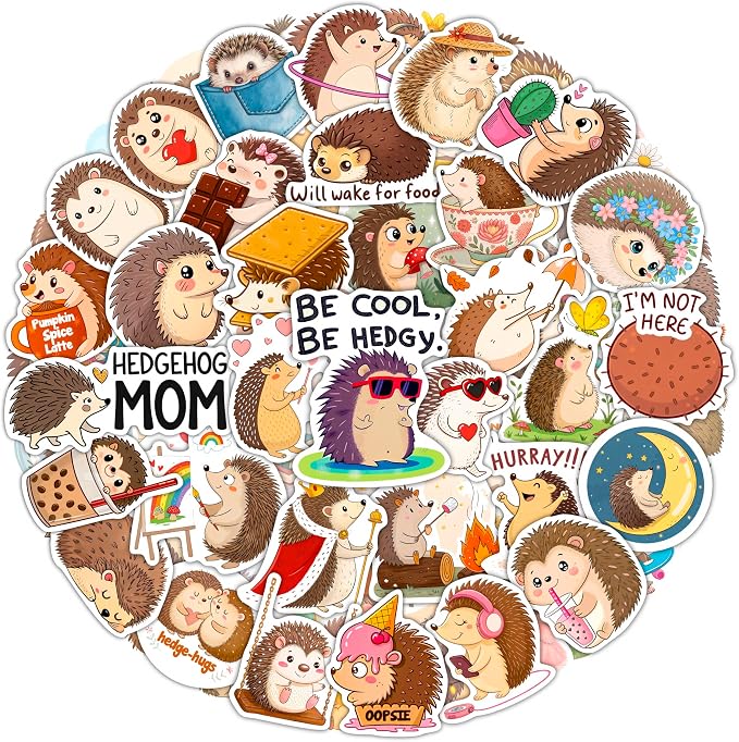 100Pcs Hedgehog Stickers for Water Bottle, Laptop - Funny Hedgehog Gifts, Party Supplies & Party Decorations - Woodland Animal Stickers and Decals - Gift for Women & Men
